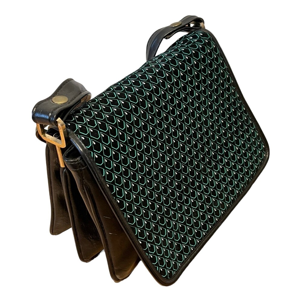 VTG 80s Hong Kong Black Green Accordion Purse Clutch Hand Bag Faux Snake Leather